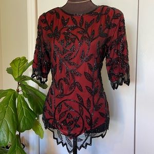 Vintage Deep Red Beaded Blouse | Silk Blouse